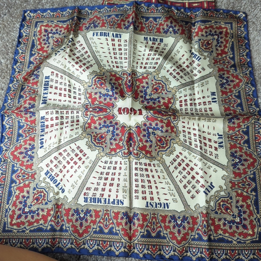 Vintage 1991 Calendar Scarf 100% Silk Square Scarf Paisley Made in Italy